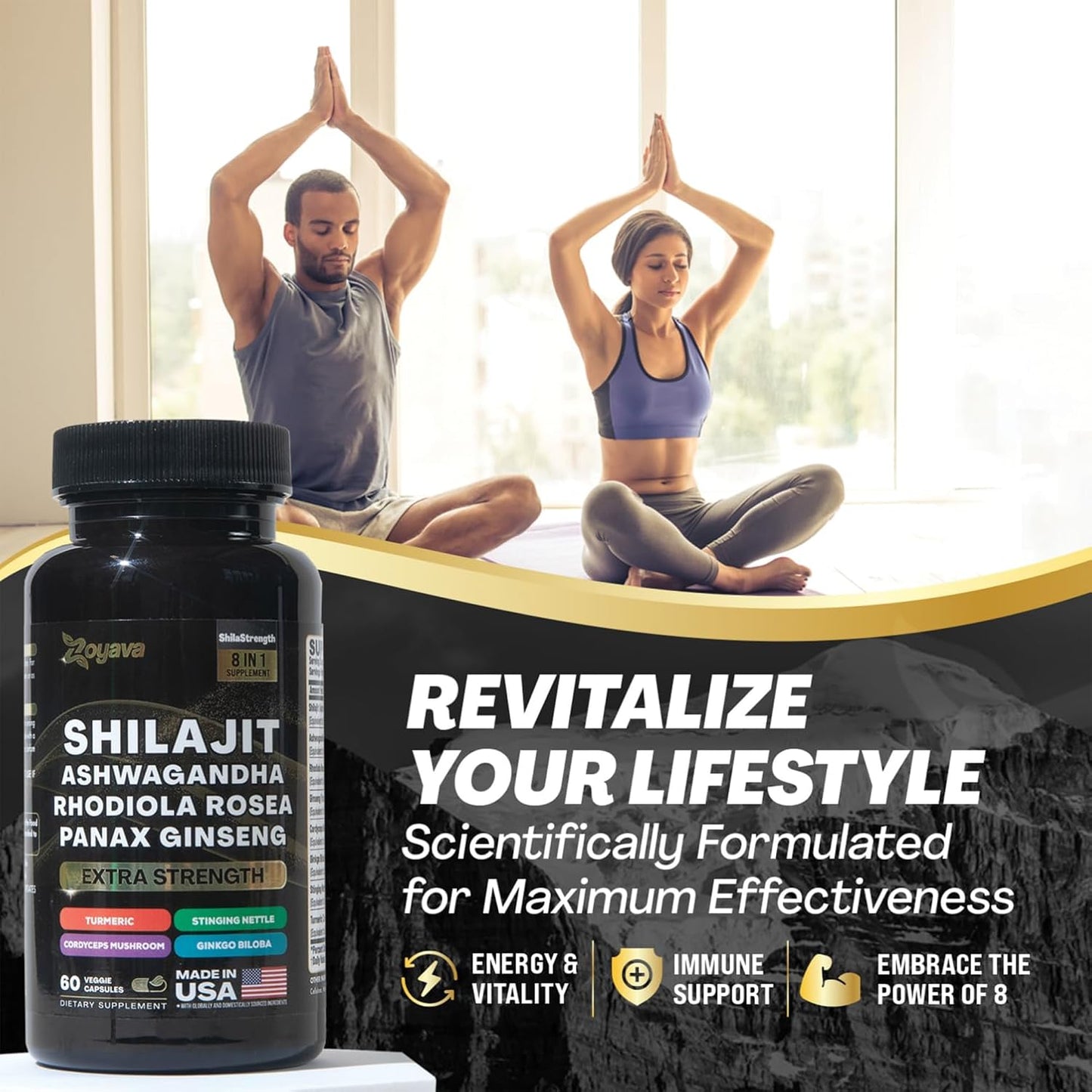 Premium Herbal Supplement Blend with Shilajit, Ginseng, Ashwagandha, Rhodiola, Turmeric, Gingko, Nettle, and Cordyceps - 60 Capsules
