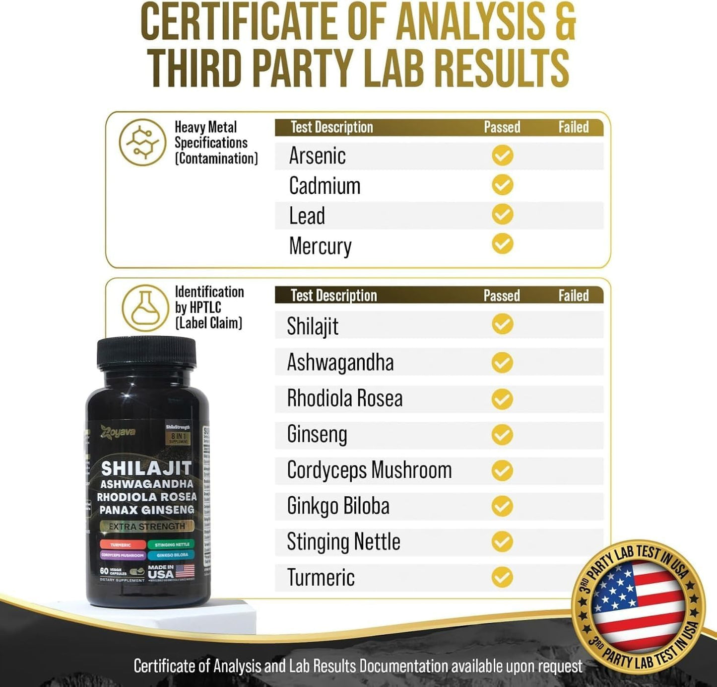 Premium Herbal Supplement Blend with Shilajit, Panax Ginseng, Ashwagandha, Rhodiola Rosea, Turmeric, Gingko Biloba, Stinging Nettle, Cordyceps Mushroom - 60 Capsules