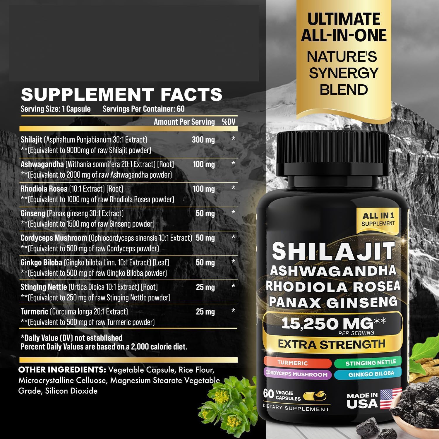 Premium Herbal Supplement Blend with Shilajit, Panax Ginseng, Ashwagandha, Rhodiola Rosea, Turmeric, Gingko Biloba, Stinging Nettle, Cordyceps Mushroom - 60 Capsules