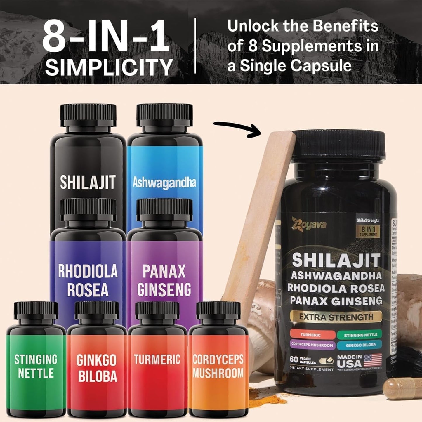 Premium Herbal Supplement Blend with Shilajit, Panax Ginseng, Ashwagandha, Rhodiola Rosea, Turmeric, Gingko Biloba, Stinging Nettle, Cordyceps Mushroom - 60 Capsules