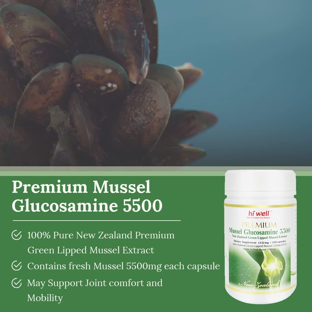 Premium Hi Well Pure & Natural New Zealand Mussel Glucosamine 5500 - 2 Pack 180VegeCapsules