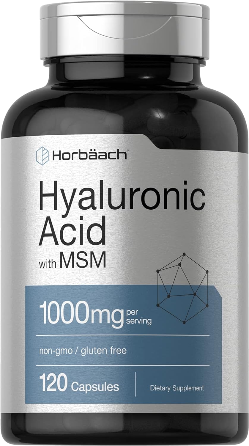 Premium Horbäach Hyaluronic Acid with MSM Capsules - 1000mg - 120 Count - Non-GMO, Gluten Free, Bioavailable Formula
