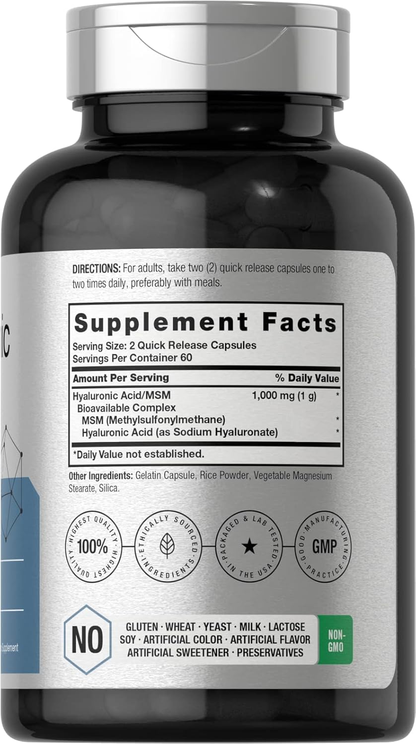 Premium Horbäach Hyaluronic Acid with MSM Capsules - 1000mg - 120 Count - Non-GMO, Gluten Free, Bioavailable Formula