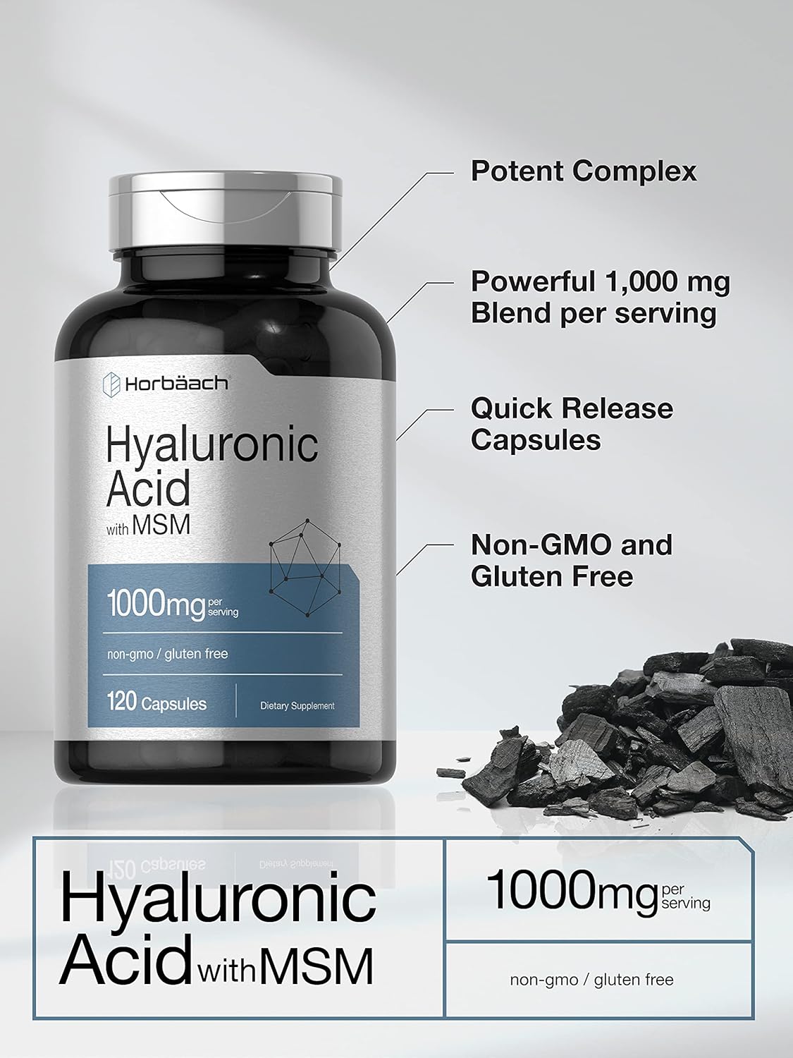 Premium Horbäach Hyaluronic Acid with MSM Capsules - 1000mg - 120 Count - Non-GMO, Gluten Free, Bioavailable Formula