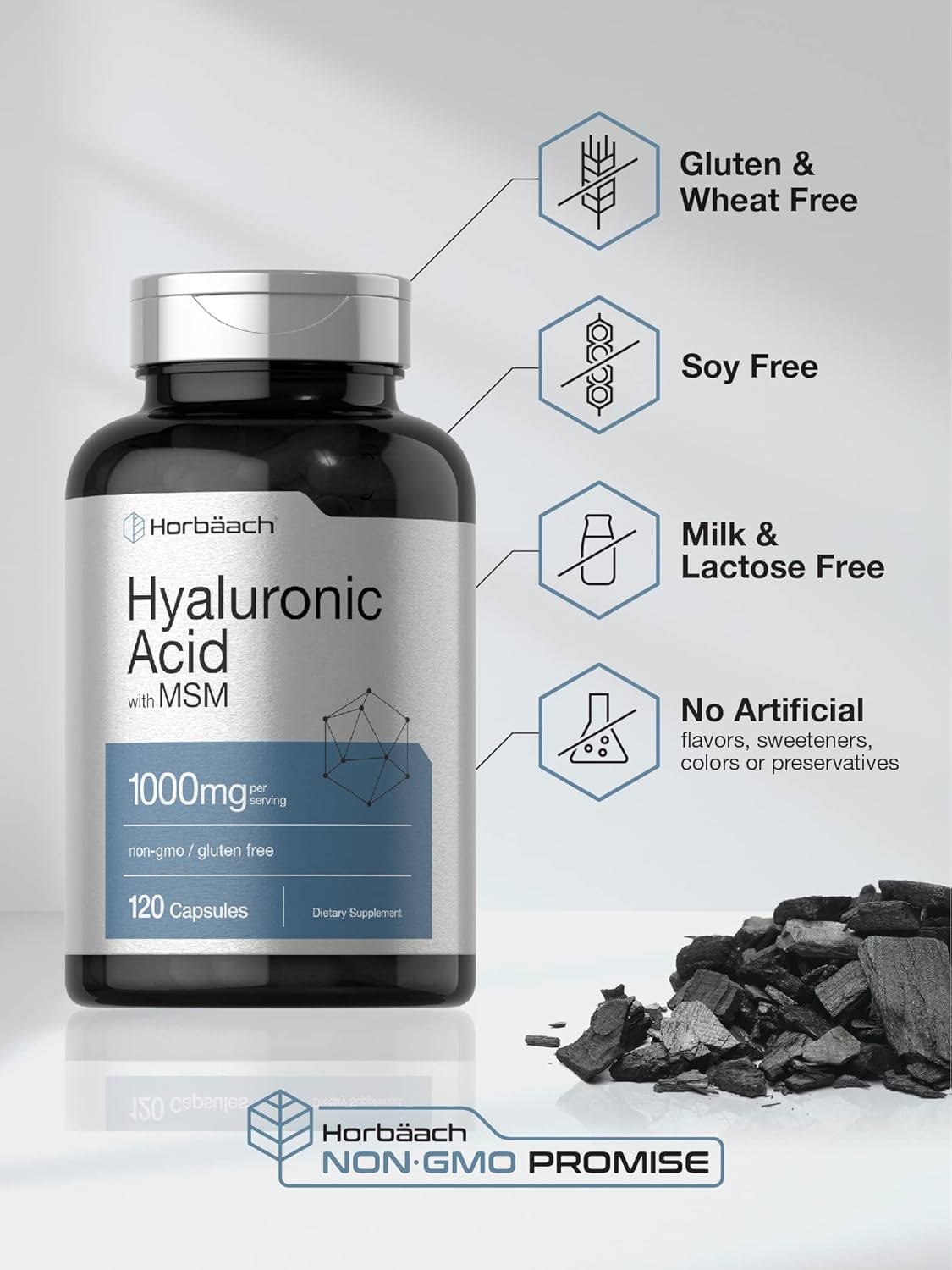 Premium Horbäach Hyaluronic Acid with MSM Capsules - 1000mg - 120 Count - Non-GMO, Gluten Free, Bioavailable Formula