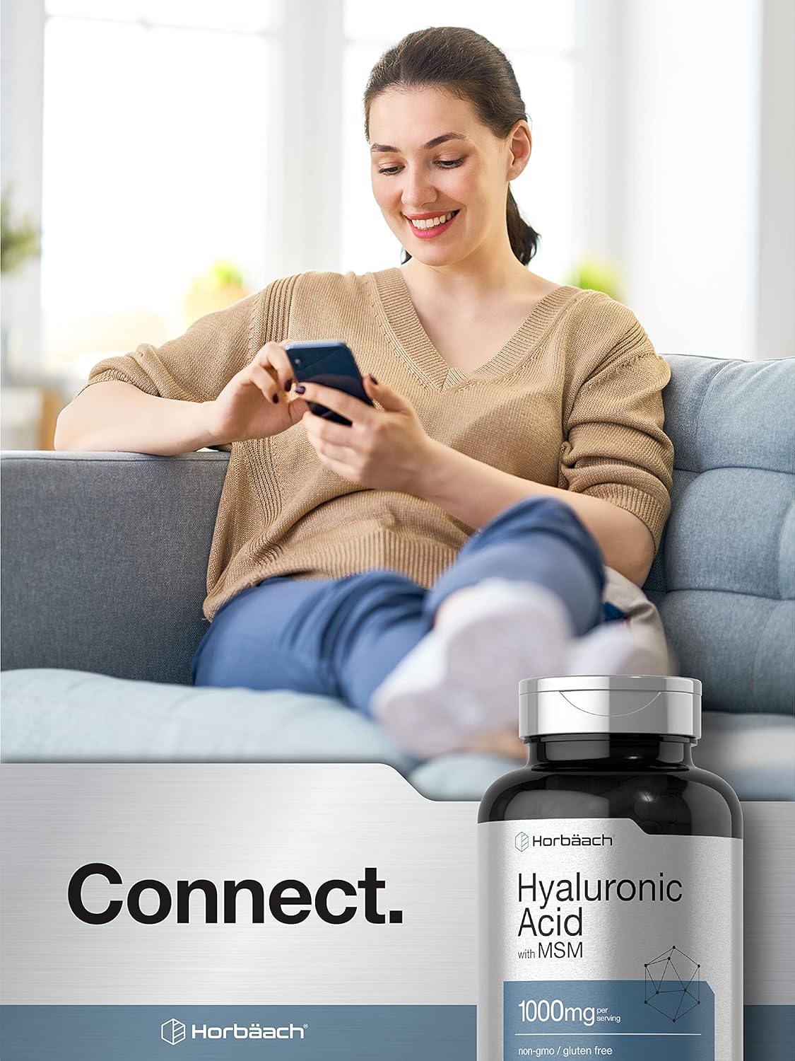 Premium Horbäach Hyaluronic Acid with MSM Capsules - 1000mg - 120 Count - Non-GMO, Gluten Free, Bioavailable Formula