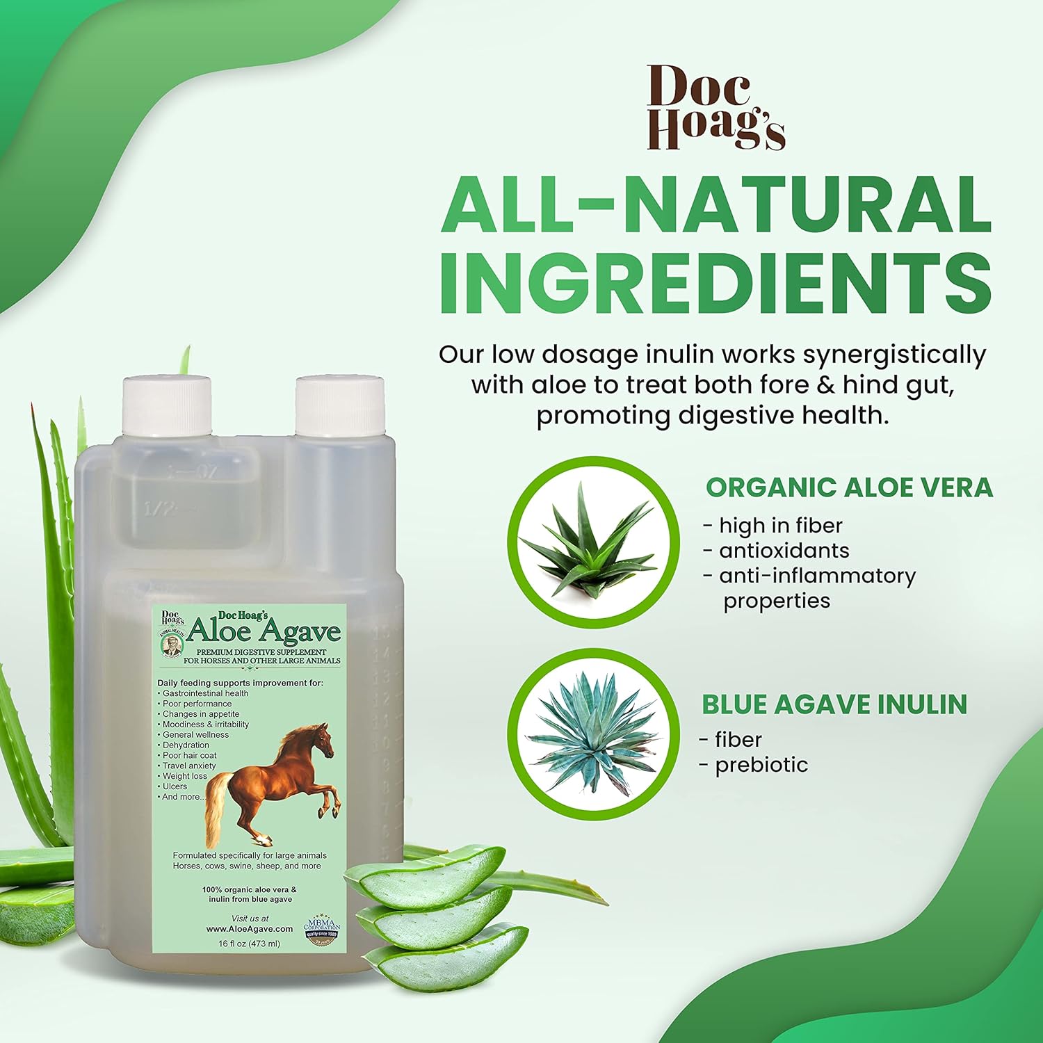 Premium Horse Supplement for Gut Health with Aloe Vera and Agave for Natural Equine Gastric Support and Stress Relief, Support Ulcer Improvement for Horses and Large Animals - Udder Balm Doc Hoag's