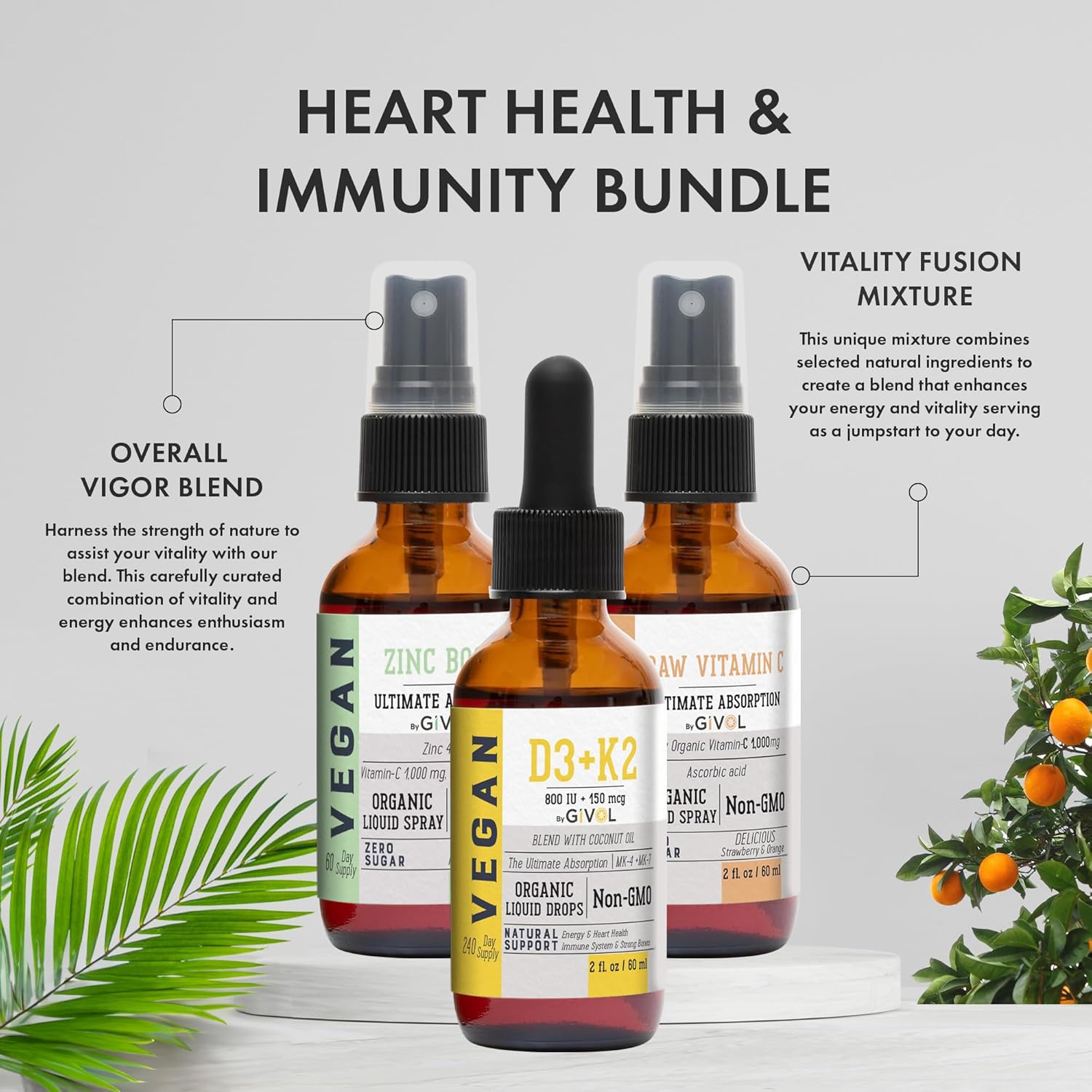 Premium Immunity Support Bundle: Vitamin C, D3, K2 Liquid & Zinc Picolinate - Heart Health Vitamins with Essential Minerals, Antioxidants, Cardio Benefits - 180 Day Supply