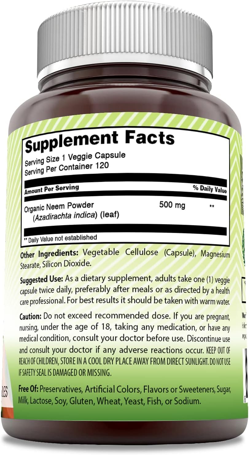 Premium India Neem Leaf Supplement | 500mg Veggie Capsules | Non-GMO & Gluten-Free | Made in USA | Natural Neem