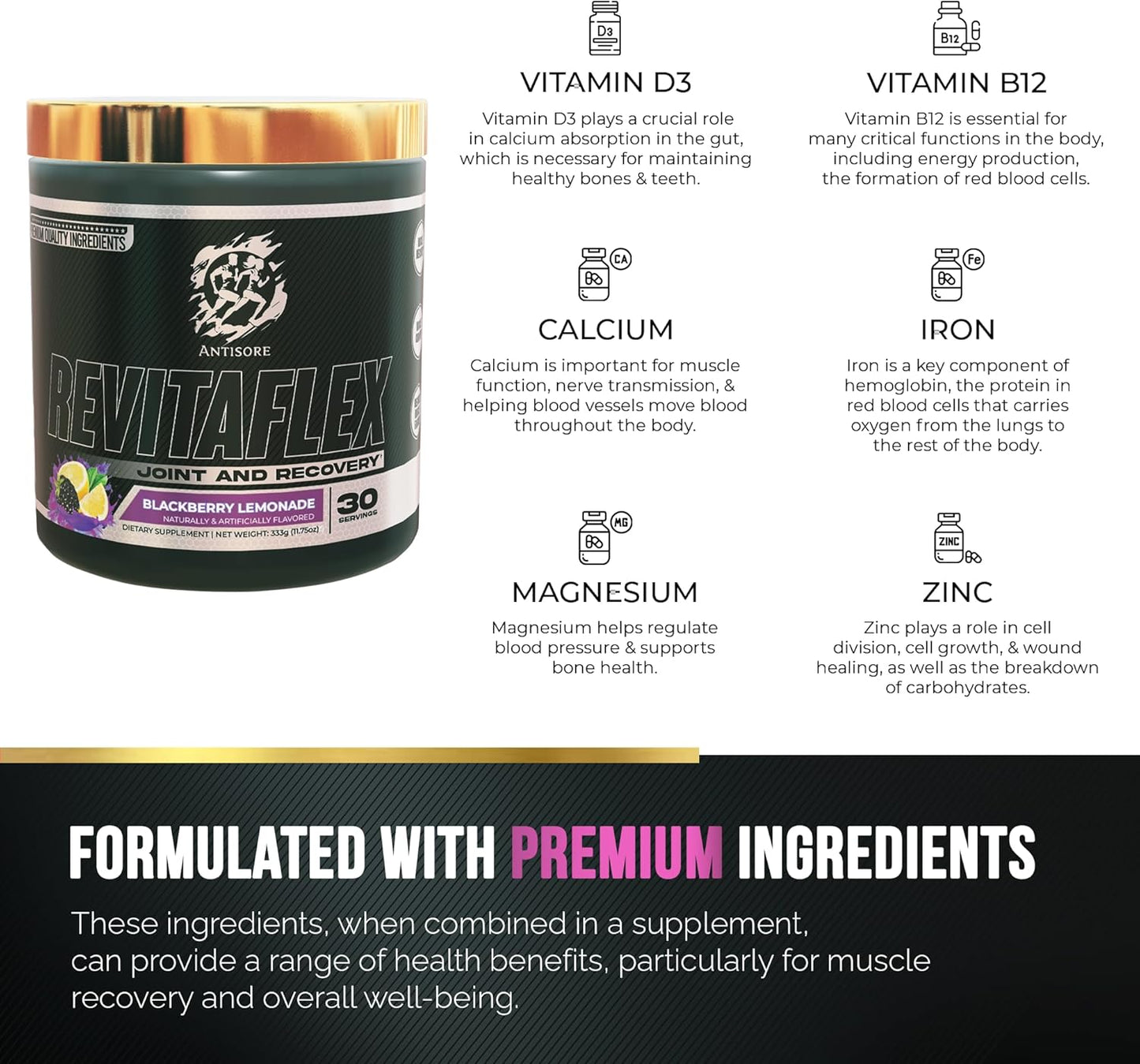 Premium Joint & Muscle Recovery Supplement - Fast-Acting Formula with Natural Ingredients - BlackBerry Lemonade Flavor - Made in USA - 30 Servings