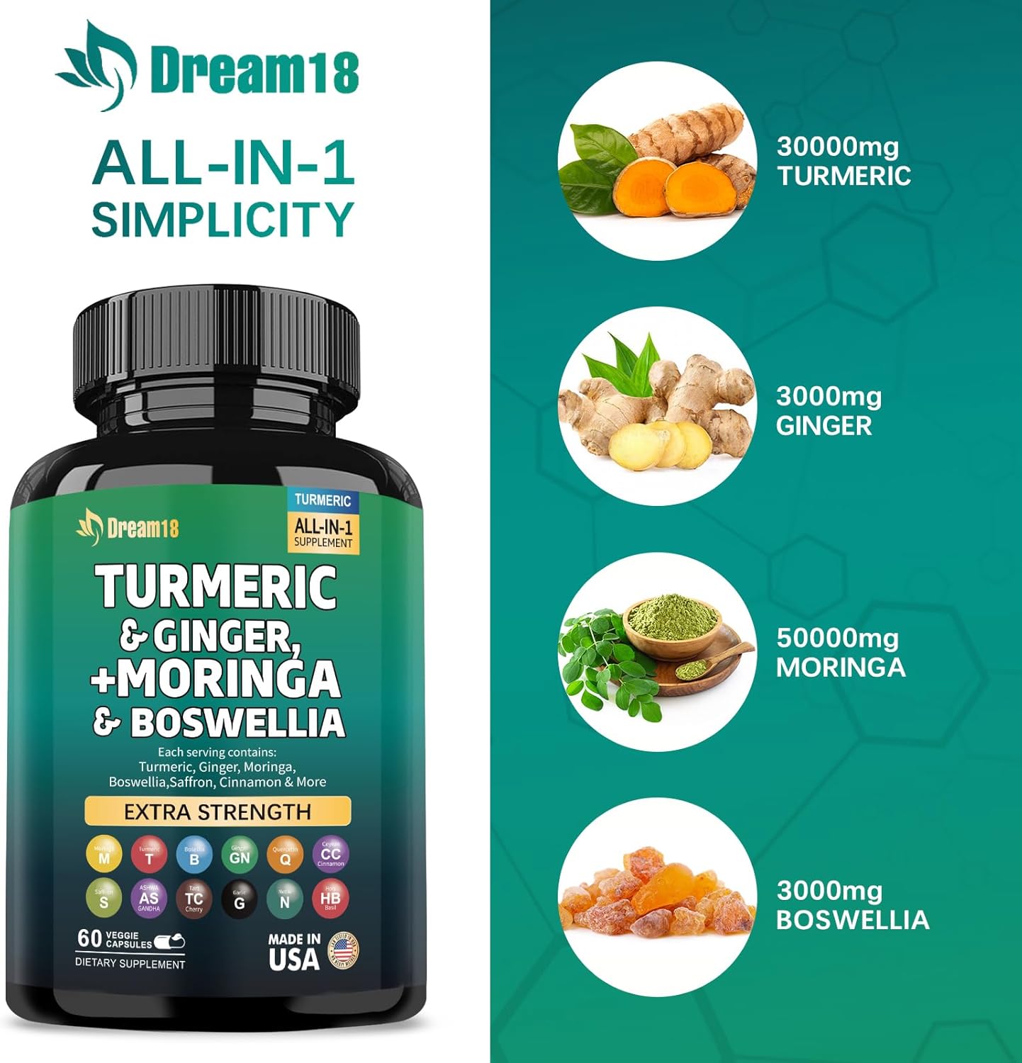 Premium Joint Support Supplement with Turmeric, Ginger, Moringa, Boswellia, and Saffron - 60 Capsules - Women and Men - Ceylon Cinnamon, Quercetin, Tart Cherry - Made in USA
