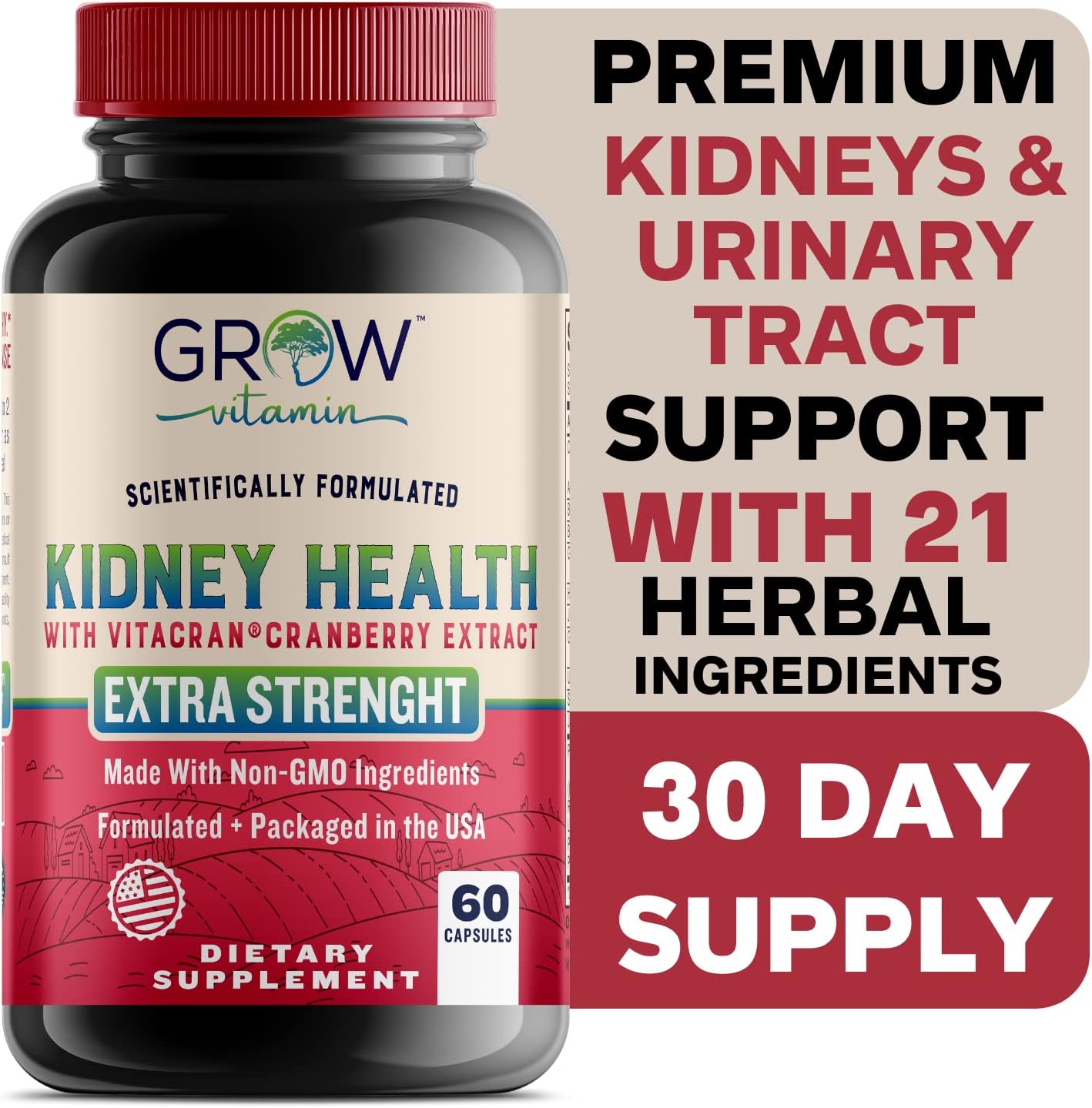 Premium Kidney Cleanse Supplement with Cranberry Extract - Supports Healthy Kidneys & Urinary Tract - 60 Vegetarian Capsules