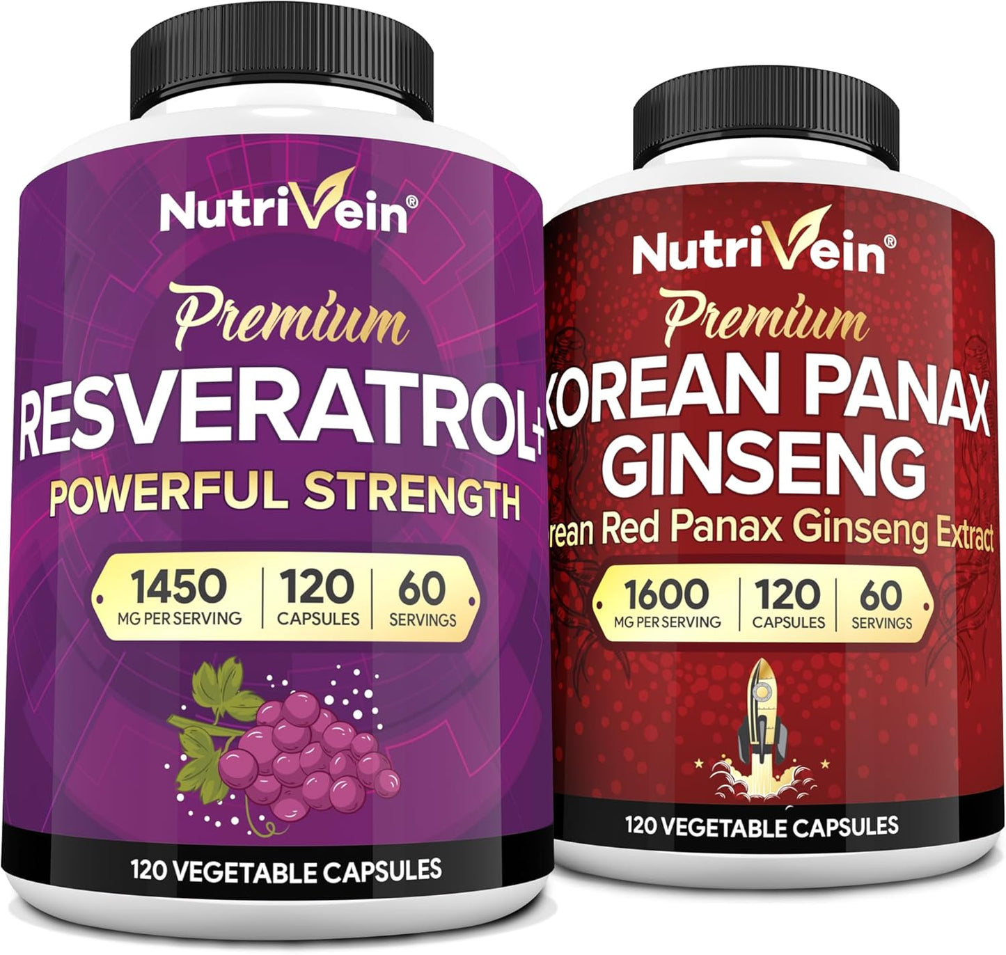 Premium Korean Panax Ginseng & Resveratrol Supplement Bundle for Brain, Defenses, Repair, & Vitality - High Absorption Capsules by Nutrivein