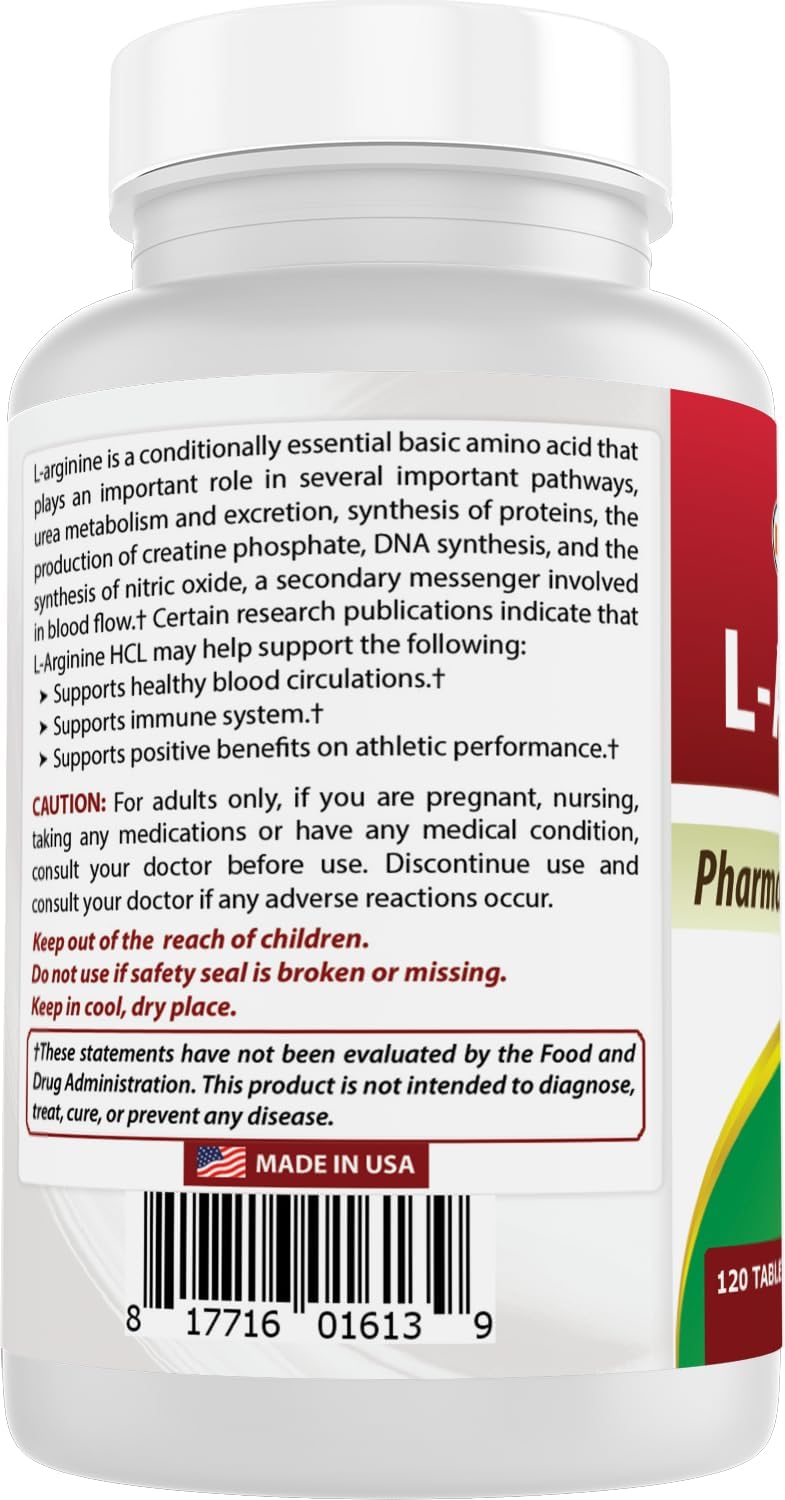Premium L-Arginine Supplement 1000mg - 120 Tablets for Nitric Oxide Boost, Pharmaceutical Grade Formula for Improved Performance