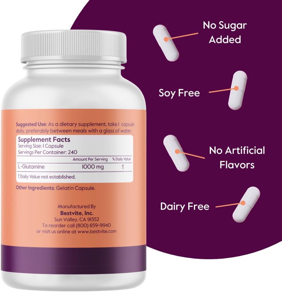 Premium L-Glutamine Supplement 1000mg (240 Caps) - Free Form, Non-GMO, Gluten Free - Pure, Maximum Strength Glutamine Capsules