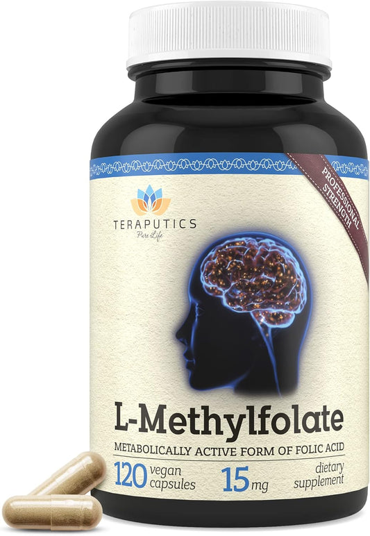 Premium L-Methylfolate 15mg Supplement - 120 Vegan Capsules for Mood & Homocysteine - 5-MTHF Active Folate - Non-GMO, Gluten-Free - Brain Support & Methylation - No Fillers - Teraputics