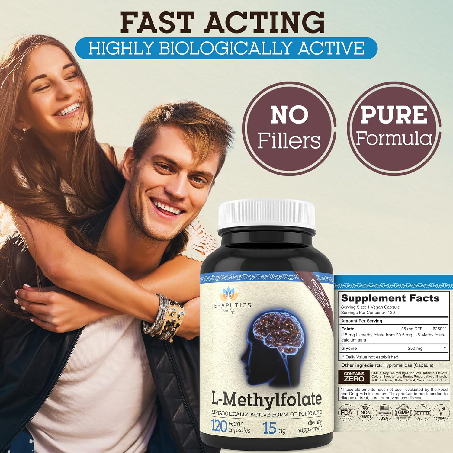 Premium L-Methylfolate 15mg Supplement - 120 Vegan Capsules for Mood & Homocysteine - 5-MTHF Active Folate - Non-GMO, Gluten-Free - Brain Support & Methylation - No Fillers - Teraputics