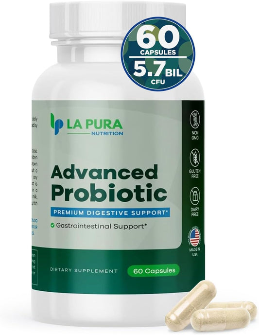Premium LaPura Advanced Probiotic Capsules for Gut & Immune Health - 60 Count, 5.75 Billion CFU Including DE111 Strain - Non-GMO, Gluten-Free - Made in USA
