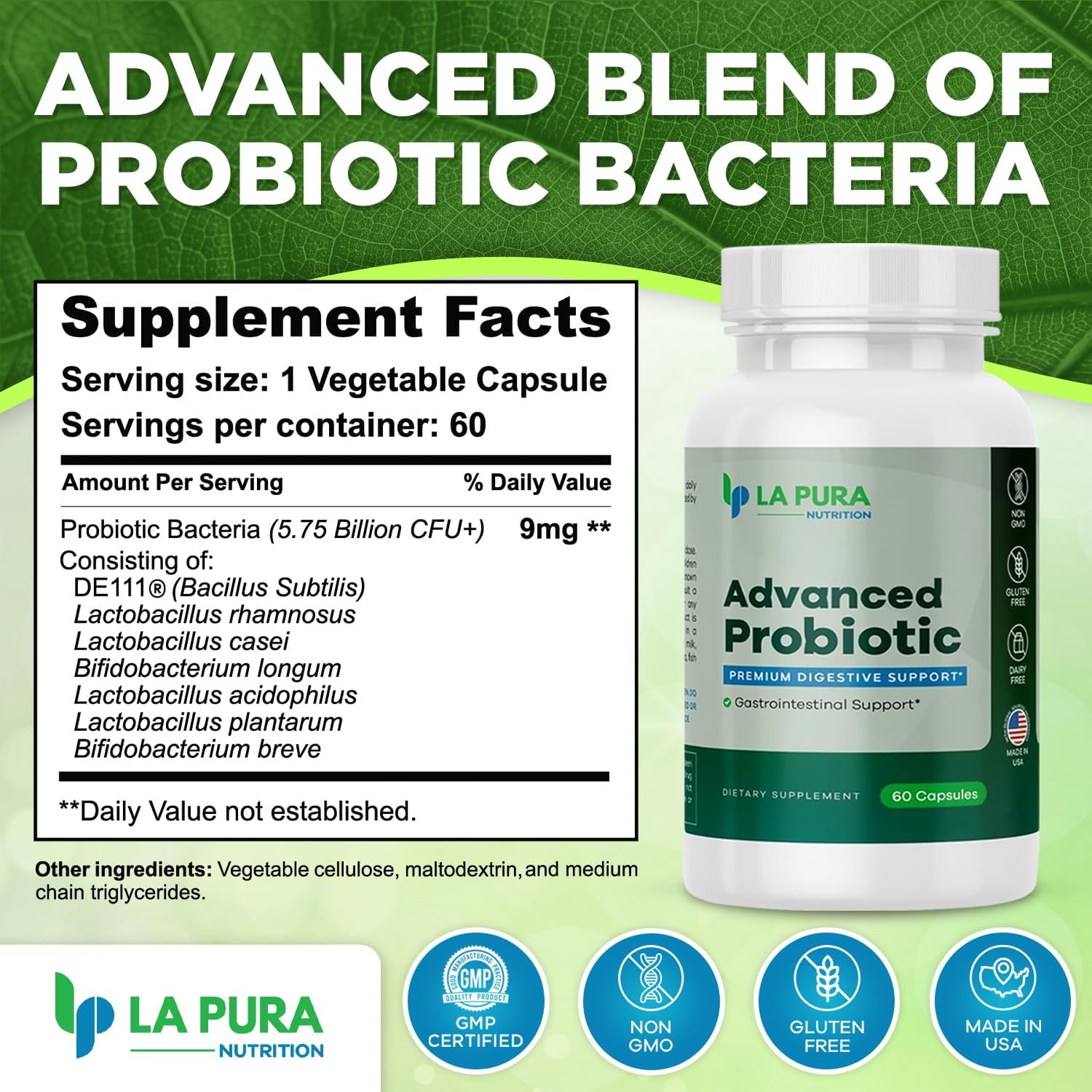 Premium LaPura Advanced Probiotic Capsules for Gut & Immune Health - 60 Count, 5.75 Billion CFU Including DE111 Strain - Non-GMO, Gluten-Free - Made in USA