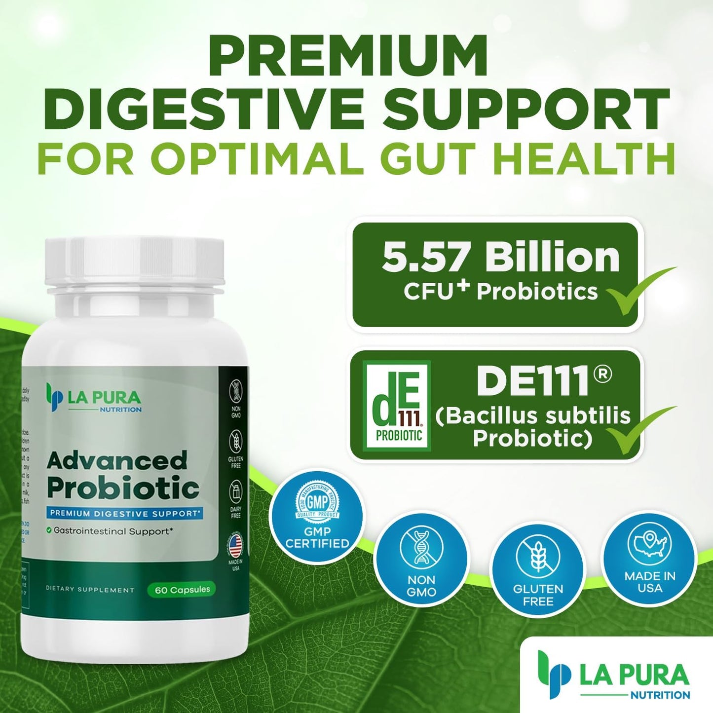 Premium LaPura Advanced Probiotic Capsules for Gut & Immune Health - 60 Count, 5.75 Billion CFU Including DE111 Strain - Non-GMO, Gluten-Free - Made in USA