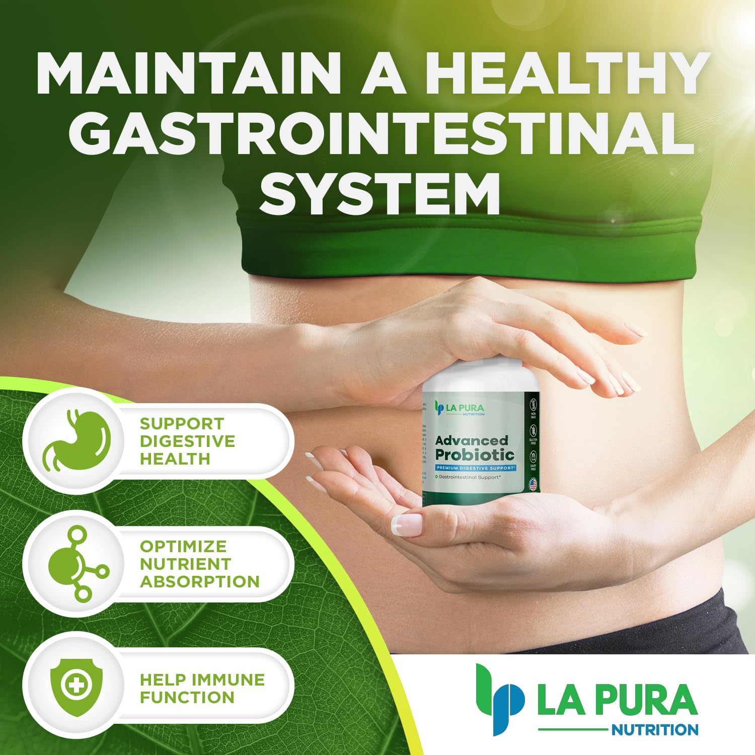 Premium LaPura Advanced Probiotic Capsules for Gut & Immune Health - 60 Count, 5.75 Billion CFU Including DE111 Strain - Non-GMO, Gluten-Free - Made in USA