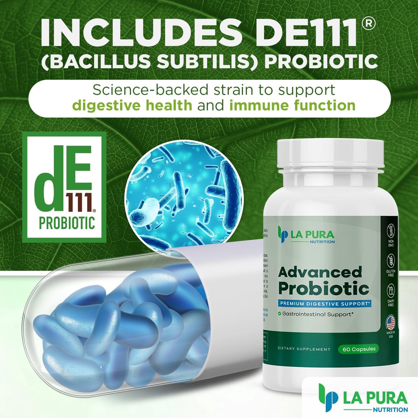 Premium LaPura Advanced Probiotic Capsules for Gut & Immune Health - 60 Count, 5.75 Billion CFU Including DE111 Strain - Non-GMO, Gluten-Free - Made in USA