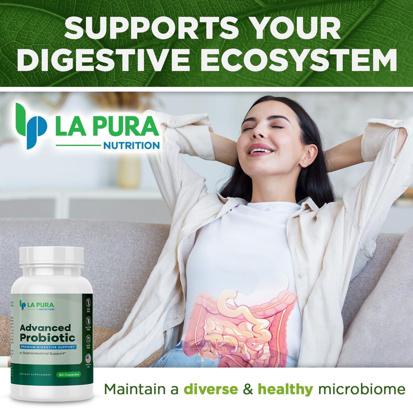 Premium LaPura Advanced Probiotic Capsules for Gut & Immune Health - 60 Count, 5.75 Billion CFU Including DE111 Strain - Non-GMO, Gluten-Free - Made in USA
