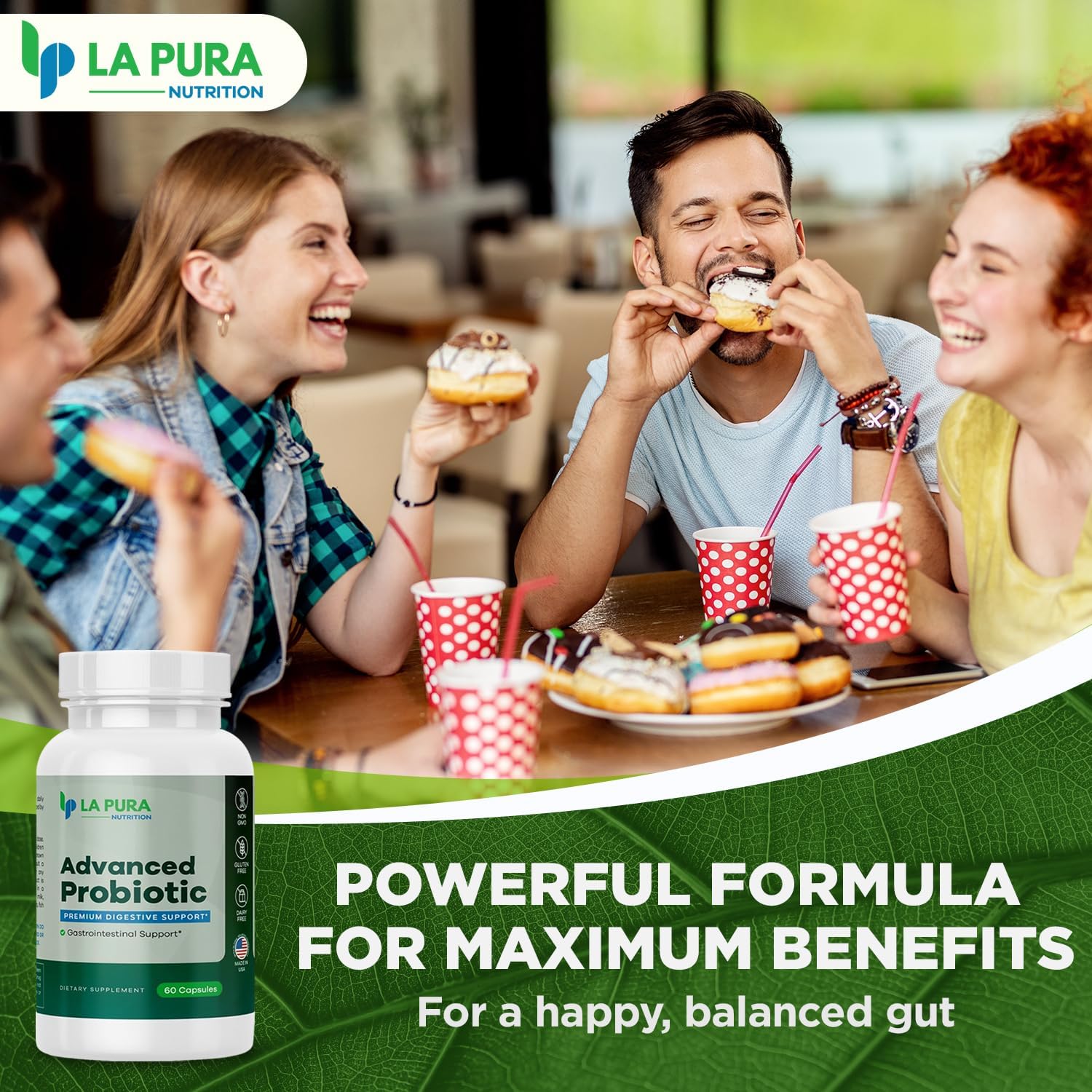 Premium LaPura Advanced Probiotic Capsules for Gut & Immune Health - 60 Count, 5.75 Billion CFU Including DE111 Strain - Non-GMO, Gluten-Free - Made in USA