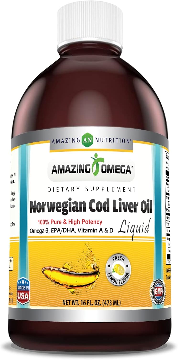 Premium Lemon-Flavored Norwegian Cod Liver Oil Supplement - 16 Oz (473 ml) - Non-GMO & Gluten Free - High-Quality Extraction from Norwegian Waters