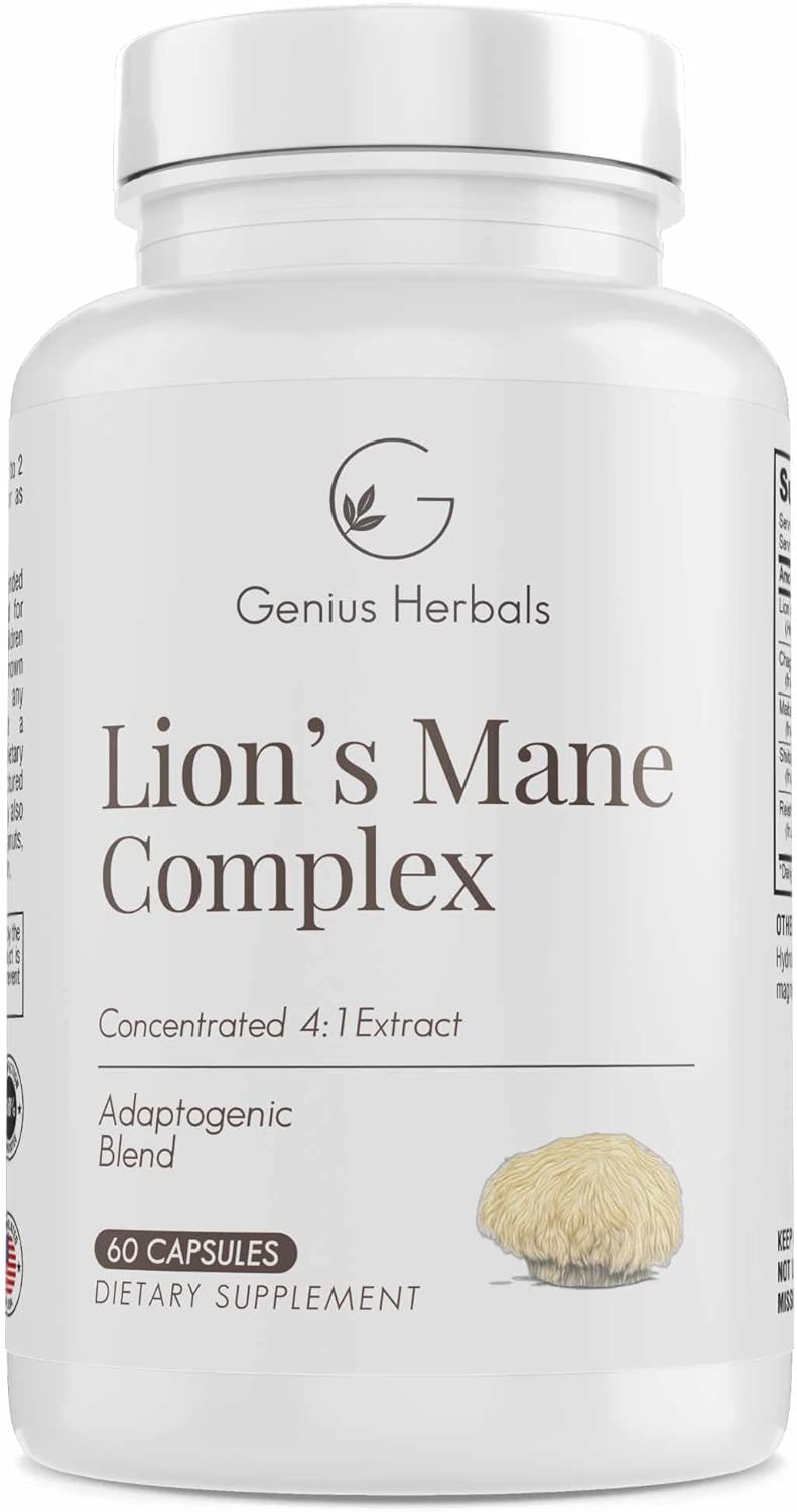 Premium Lions Mane Complex Supplement - 4:1 Extract for Brain Health, Cognitive & Memory Support - 60 Capsules