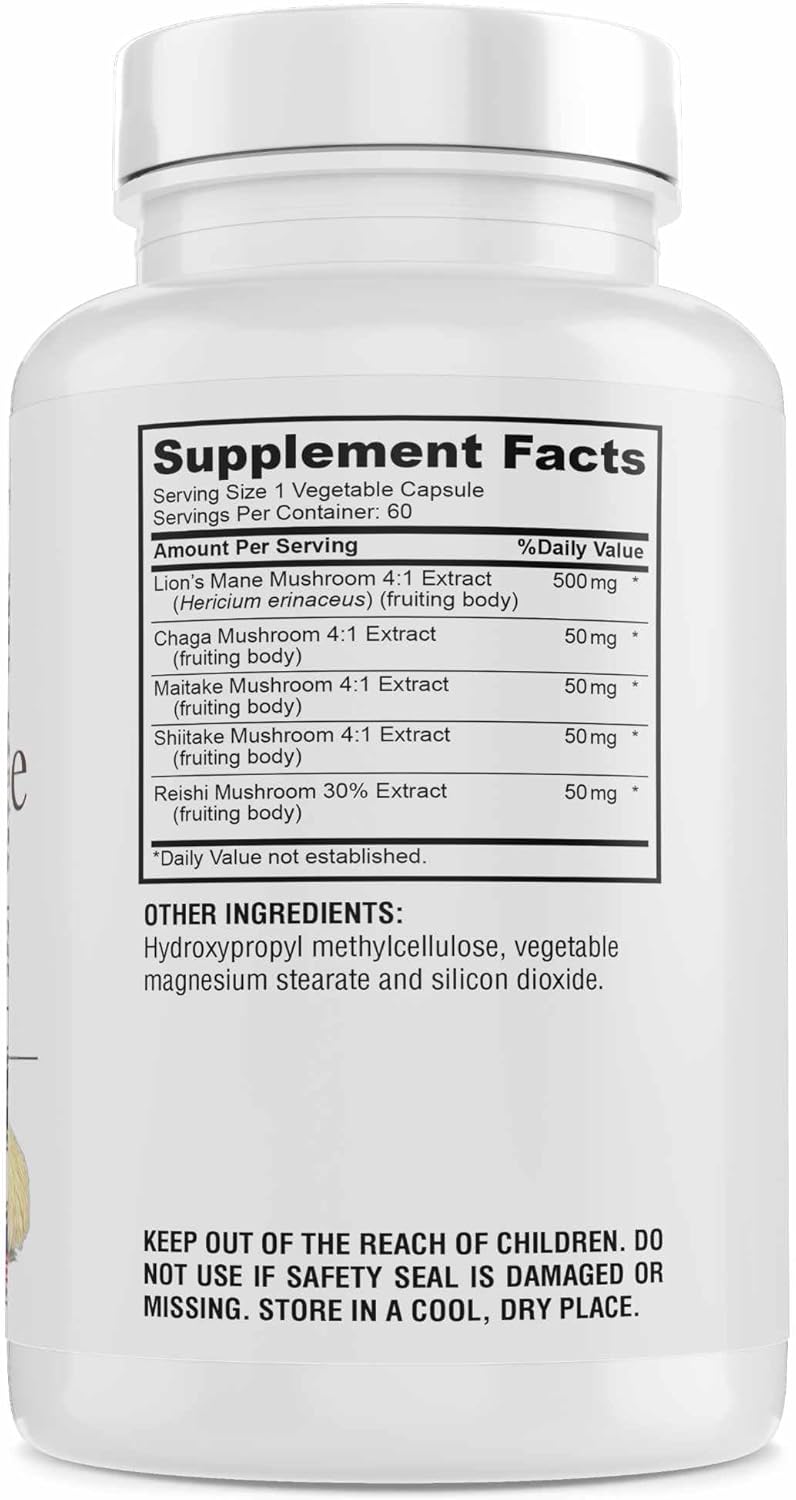 Premium Lions Mane Complex Supplement - 4:1 Extract for Brain Health, Cognitive & Memory Support - 60 Capsules
