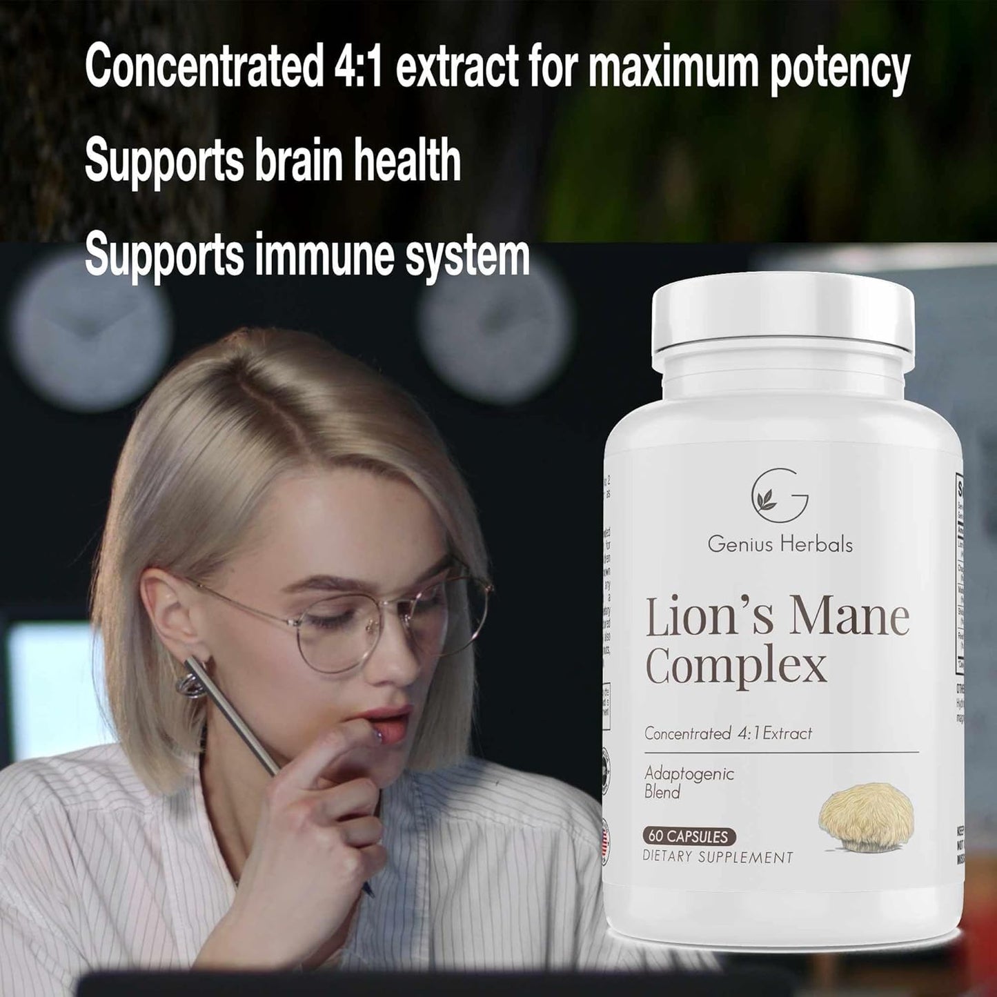 Premium Lions Mane Complex Supplement - 4:1 Extract for Brain Health, Cognitive & Memory Support - 60 Capsules