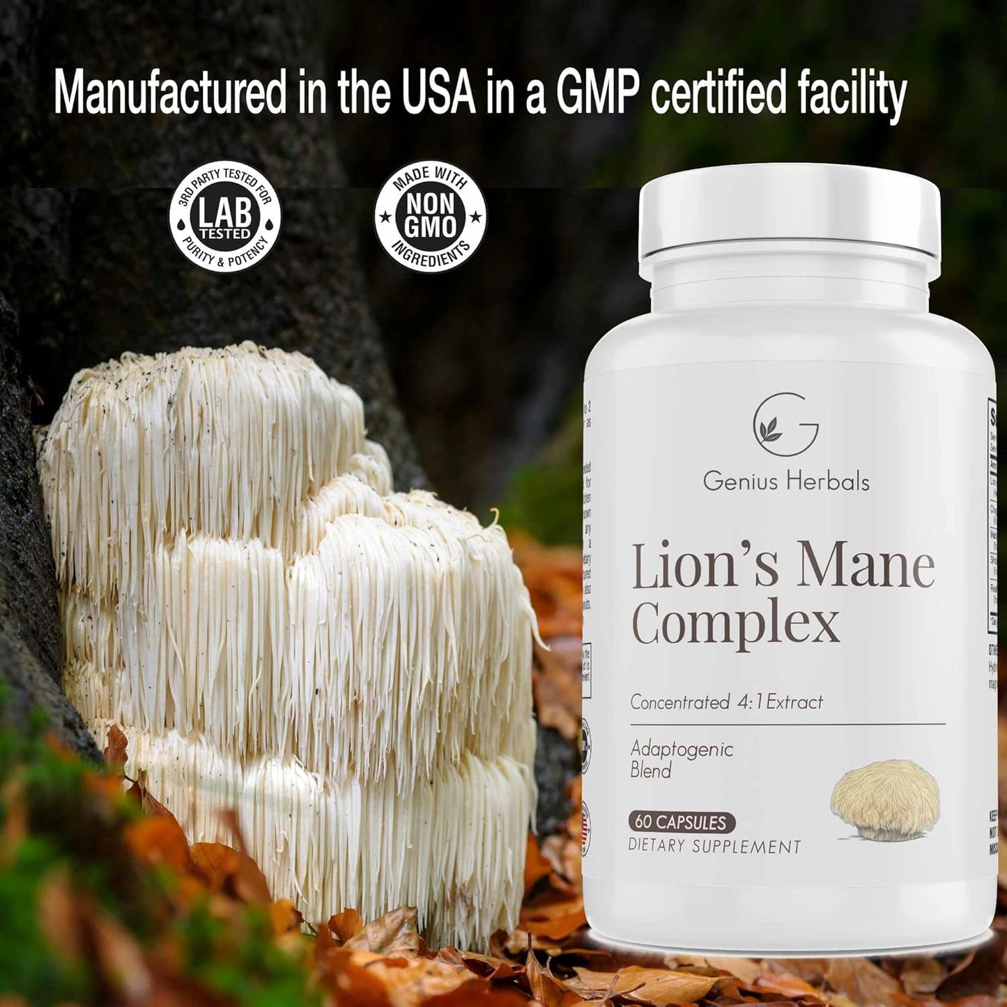 Premium Lions Mane Complex Supplement - 4:1 Extract for Brain Health, Cognitive & Memory Support - 60 Capsules