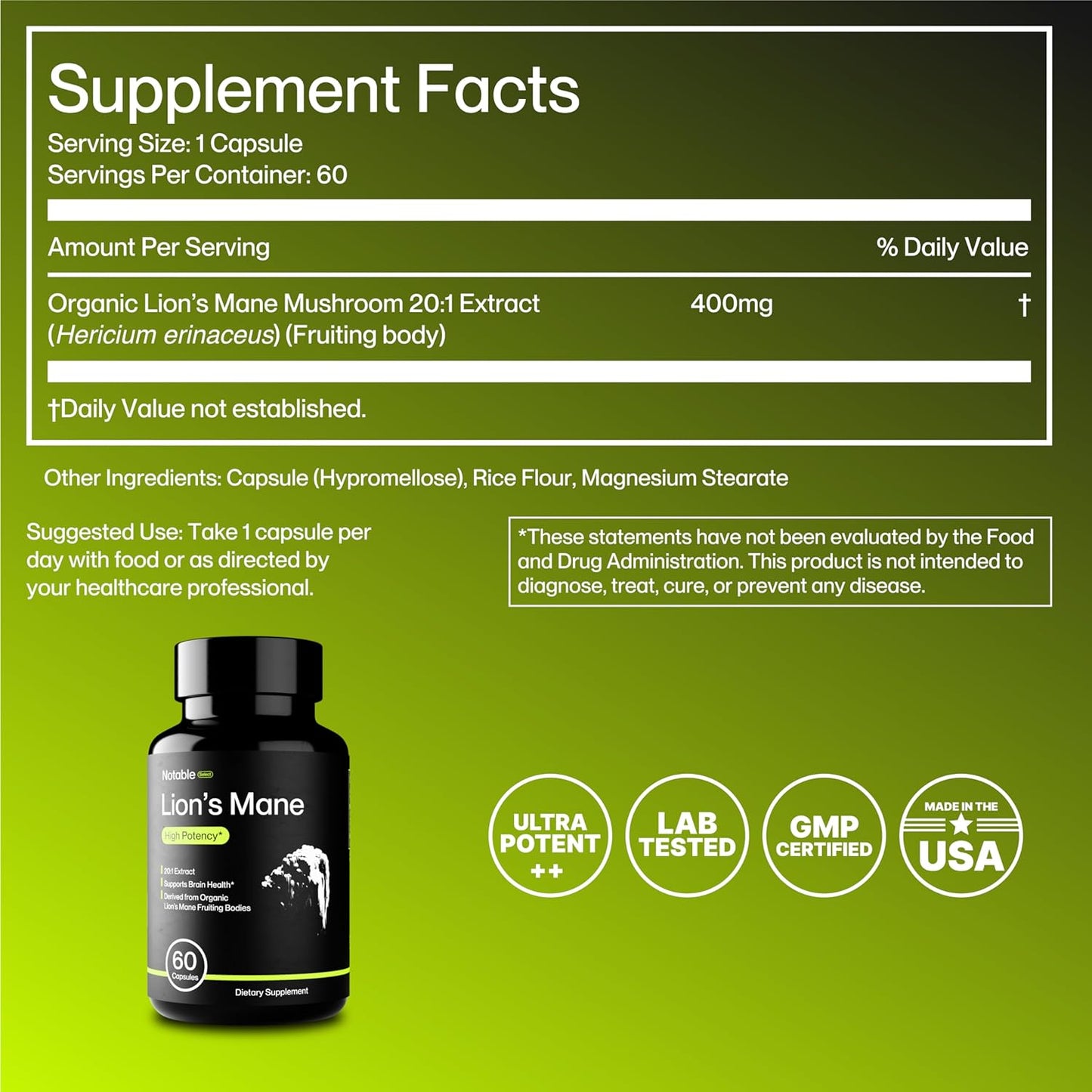 Premium Lion's Mane Mushroom Supplement for Cognitive Support | Organic 20:1 Extract | Lab-Tested Ingredients | 1-Month Supply