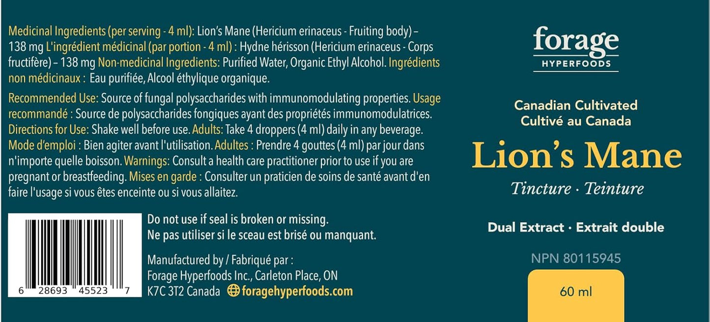 Premium Lion’s Mane Tincture for Memory and Nerve Support, 60ml - Dual Extract Mushroom Supplement by Forage Hyperfoods