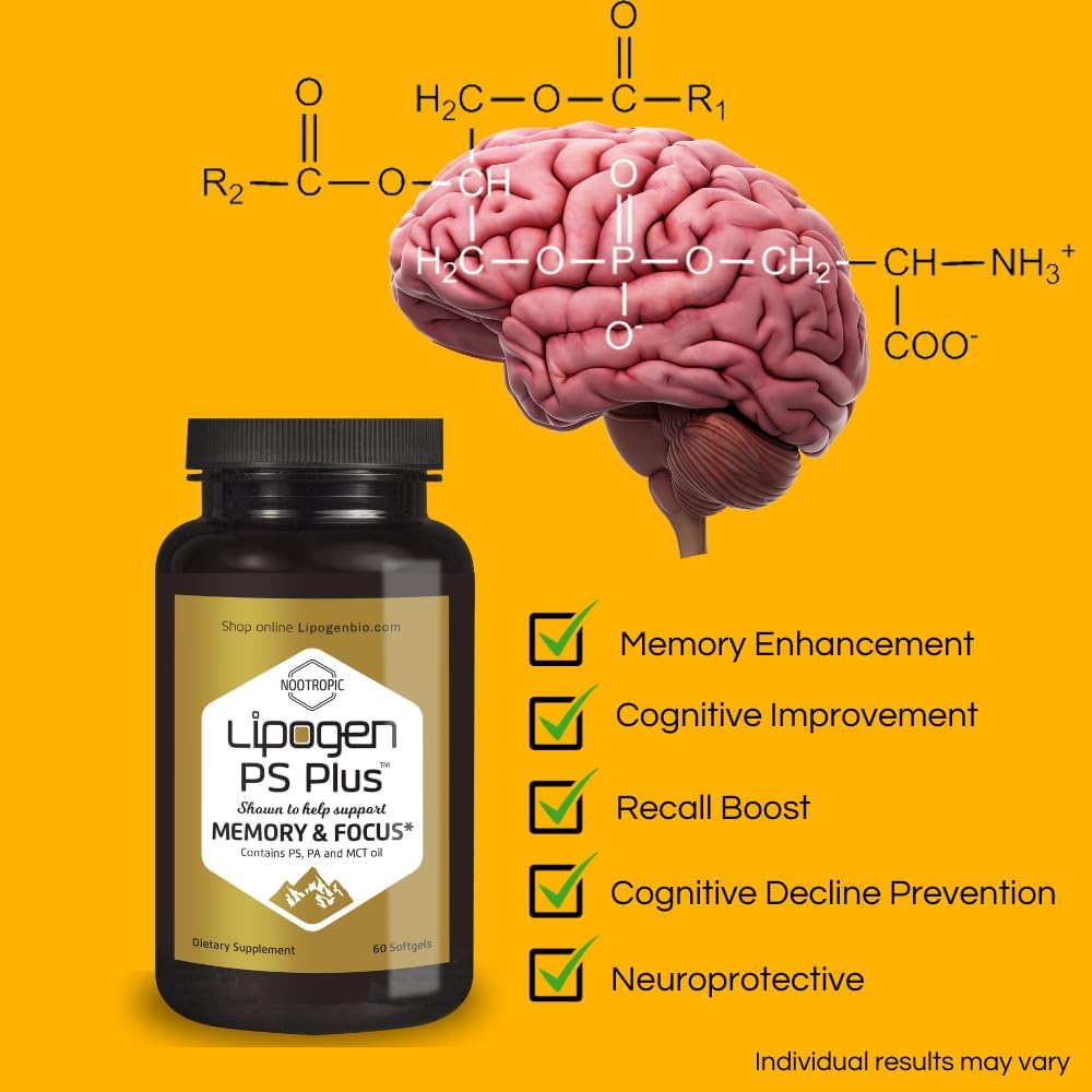 Premium Lipogen PS Plus Brain Supplements - Nootropic for Memory, Focus, and Brain Health - 60 Softgels, One Month Supply