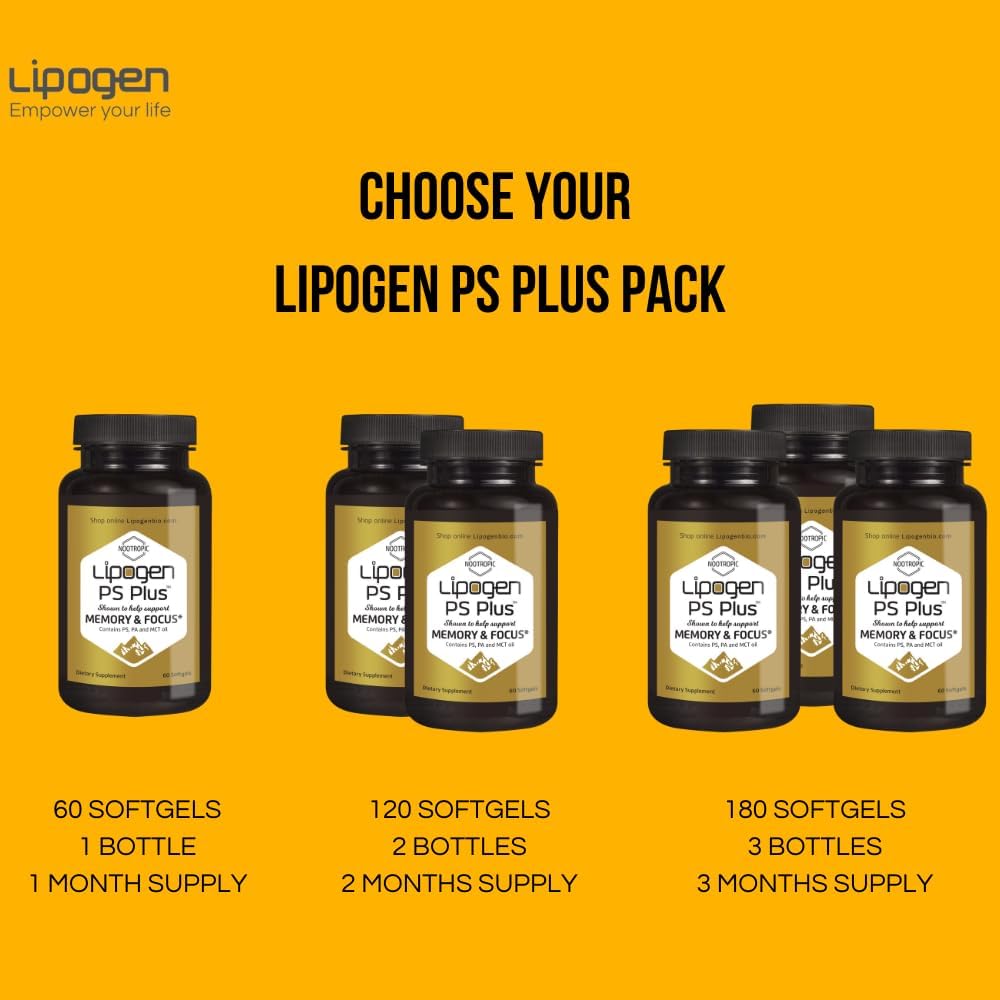 Premium Lipogen PS Plus Brain Supplements - Nootropic for Memory, Focus, and Brain Health - 60 Softgels, One Month Supply