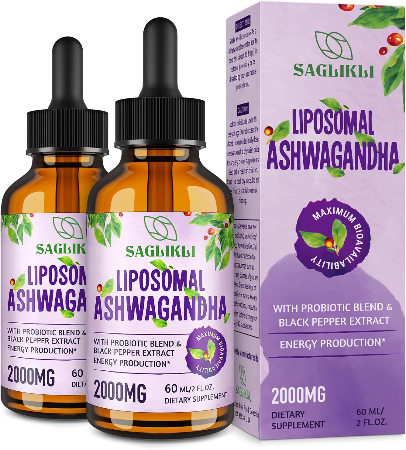 Premium Liposomal Ashwagandha Liquid Drops - 2000mg with 7% Withanolides, Black Pepper Extract & Probiotics - Focus, Cognition & Energy Support - 4 FL.OZ (2 Pack)