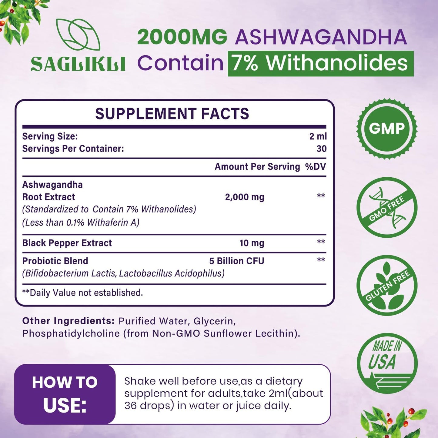 Premium Liposomal Ashwagandha Liquid Drops - 2000mg with 7% Withanolides, Black Pepper Extract & Probiotics - Focus, Cognition & Energy Support - 4 FL.OZ (2 Pack)