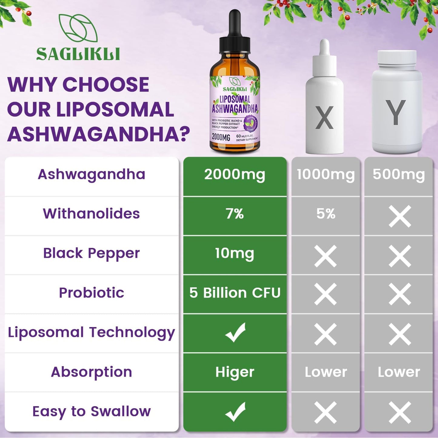 Premium Liposomal Ashwagandha Liquid Drops - 2000mg with 7% Withanolides, Black Pepper Extract & Probiotics - Focus, Cognition & Energy Support - 4 FL.OZ (2 Pack)