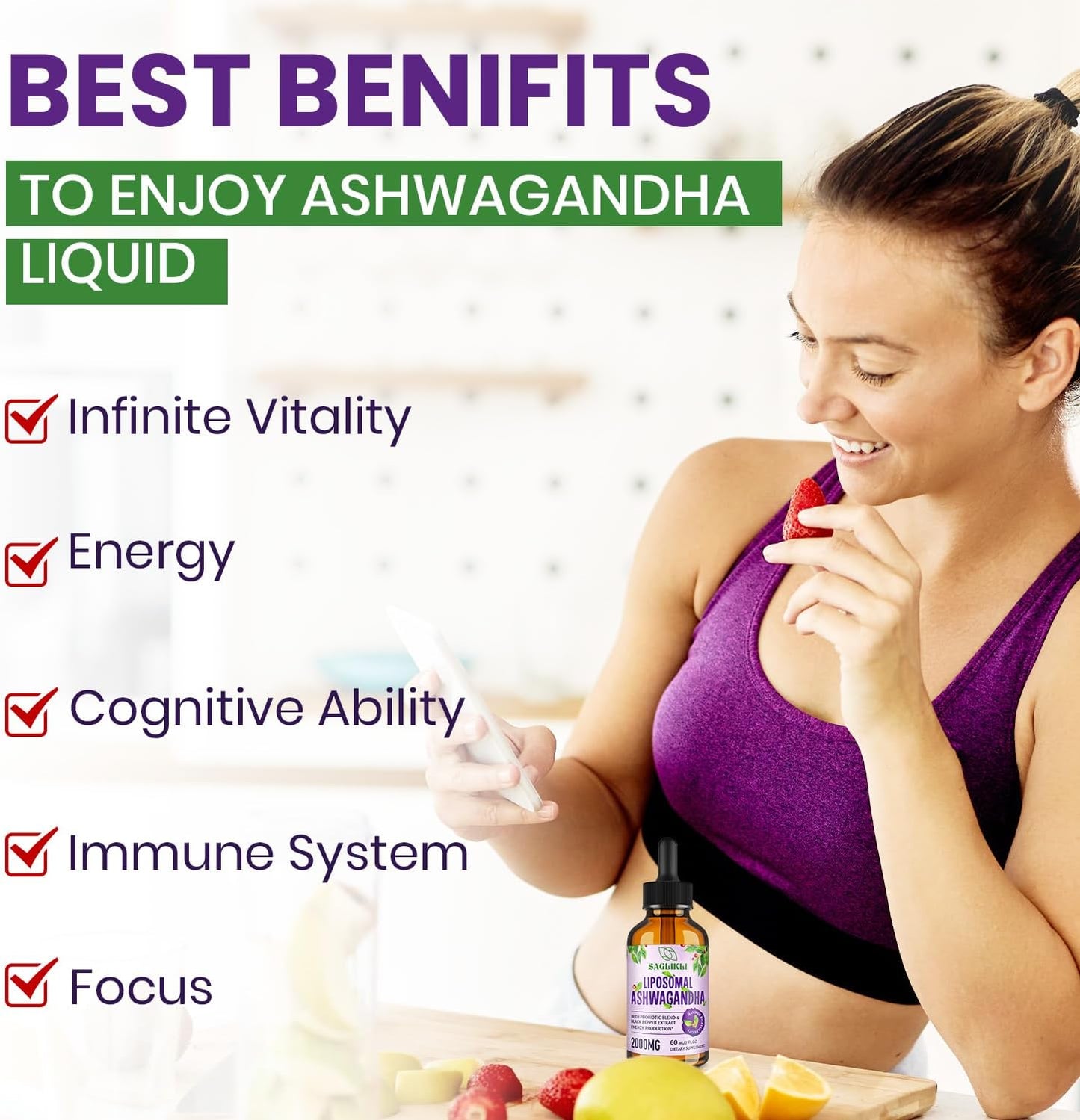 Premium Liposomal Ashwagandha Liquid Drops - 2000mg with 7% Withanolides, Black Pepper Extract & Probiotics - Focus, Cognition & Energy Support - 4 FL.OZ (2 Pack)