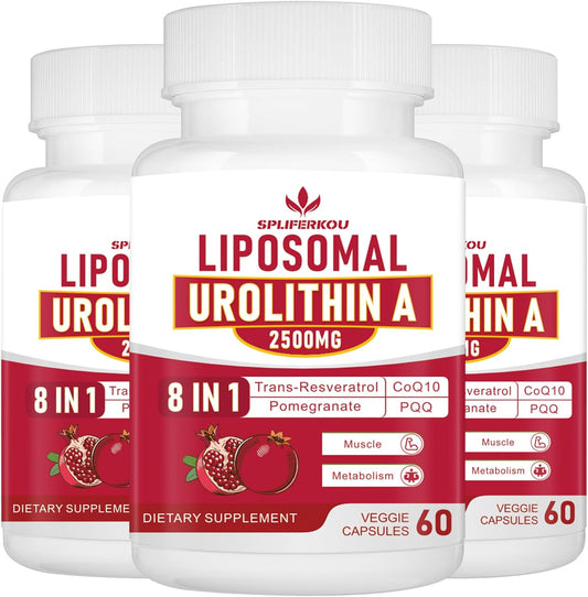 Premium Liposomal Urolithin A Supplement 2500mg with Resveratrol, CoQ10, Pomegranate Fruit Extract - Boost Cellular Energy, Gluten Free - 180 Capsules