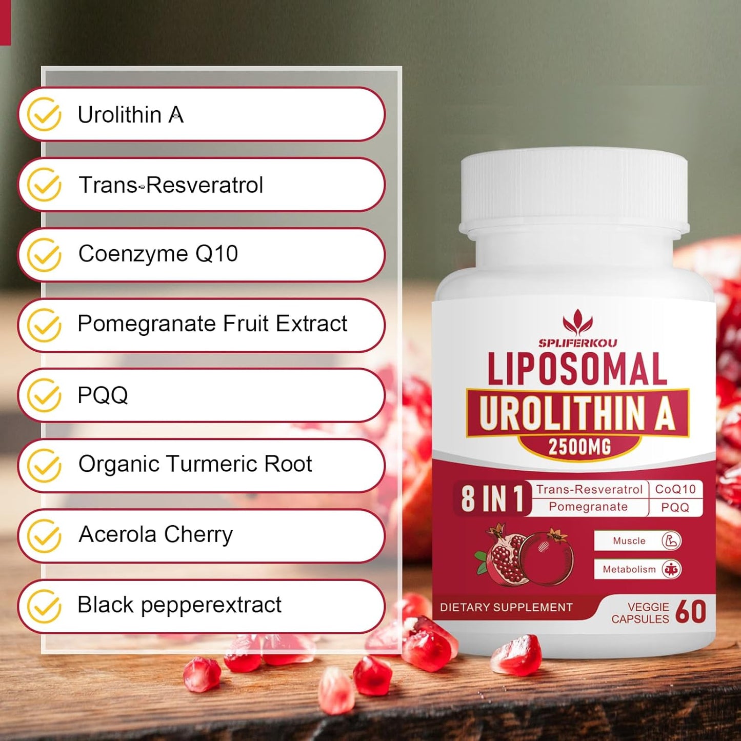 Premium Liposomal Urolithin A Supplement 2500mg with Resveratrol, CoQ10, Pomegranate Fruit Extract - Boost Cellular Energy, Gluten Free - 180 Capsules