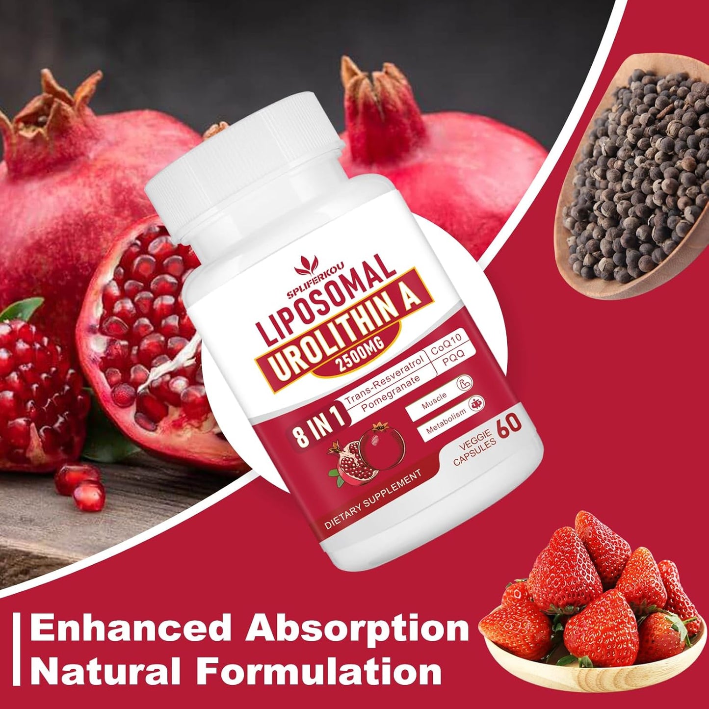 Premium Liposomal Urolithin A Supplement 2500mg with Resveratrol, CoQ10, Pomegranate Fruit Extract - Boost Cellular Energy, Gluten Free - 180 Capsules