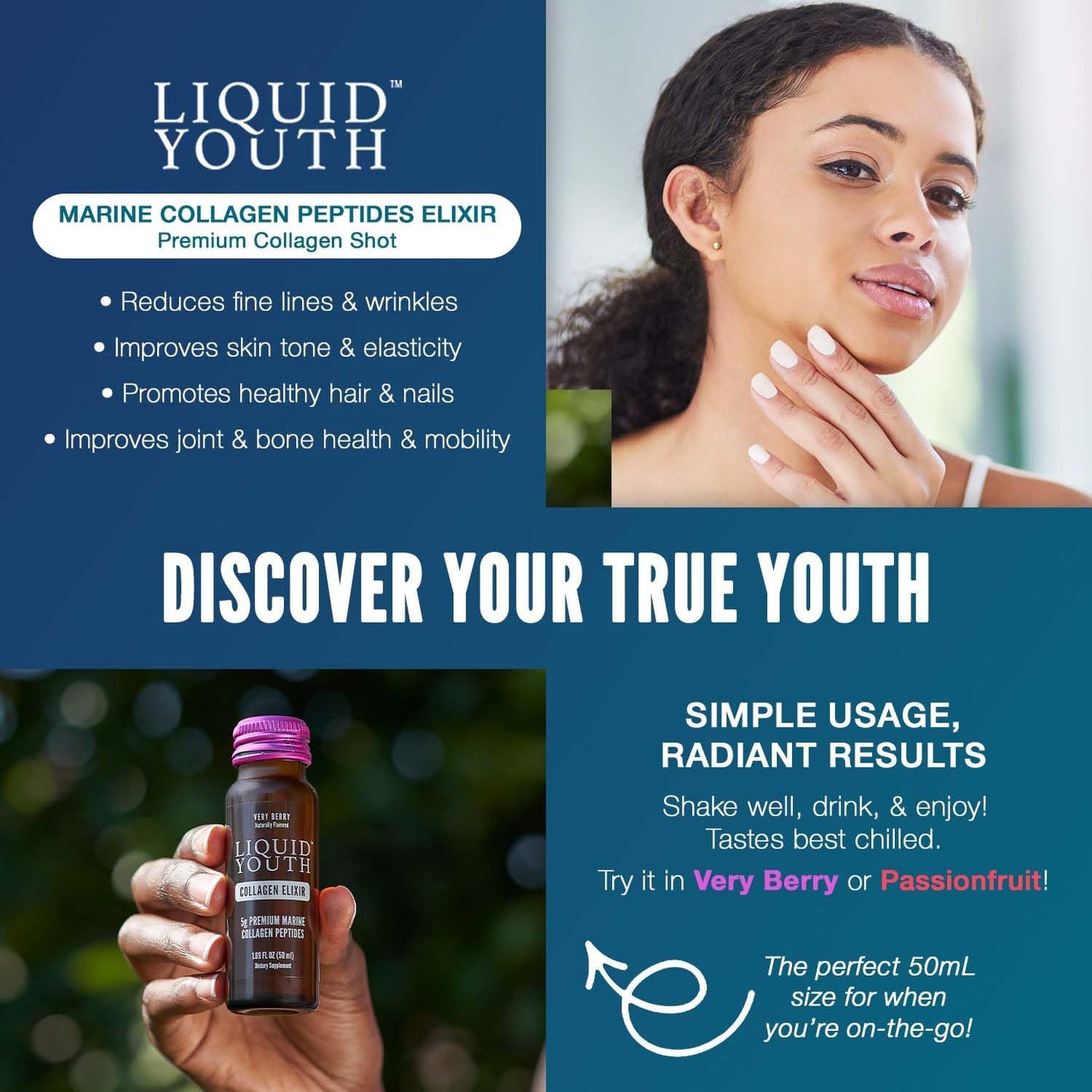 Premium Liquid Marine Collagen Shot for Hair, Skin, Nail, Bone & Joint Health - Very Berry Flavor - Travel-Friendly - 10 Servings