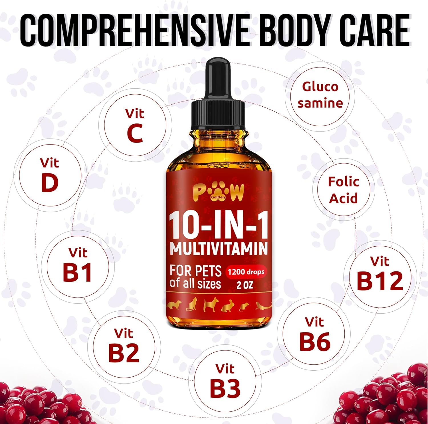 Premium Liquid Multivitamin for Cats and Dogs | 10-in-1 Formula with Vitamin B Complex | Cranberry Supplement for Urinary Health | Supports Digestion, Breathing, and Mobility | All Ages | 2 Oz Bottle
