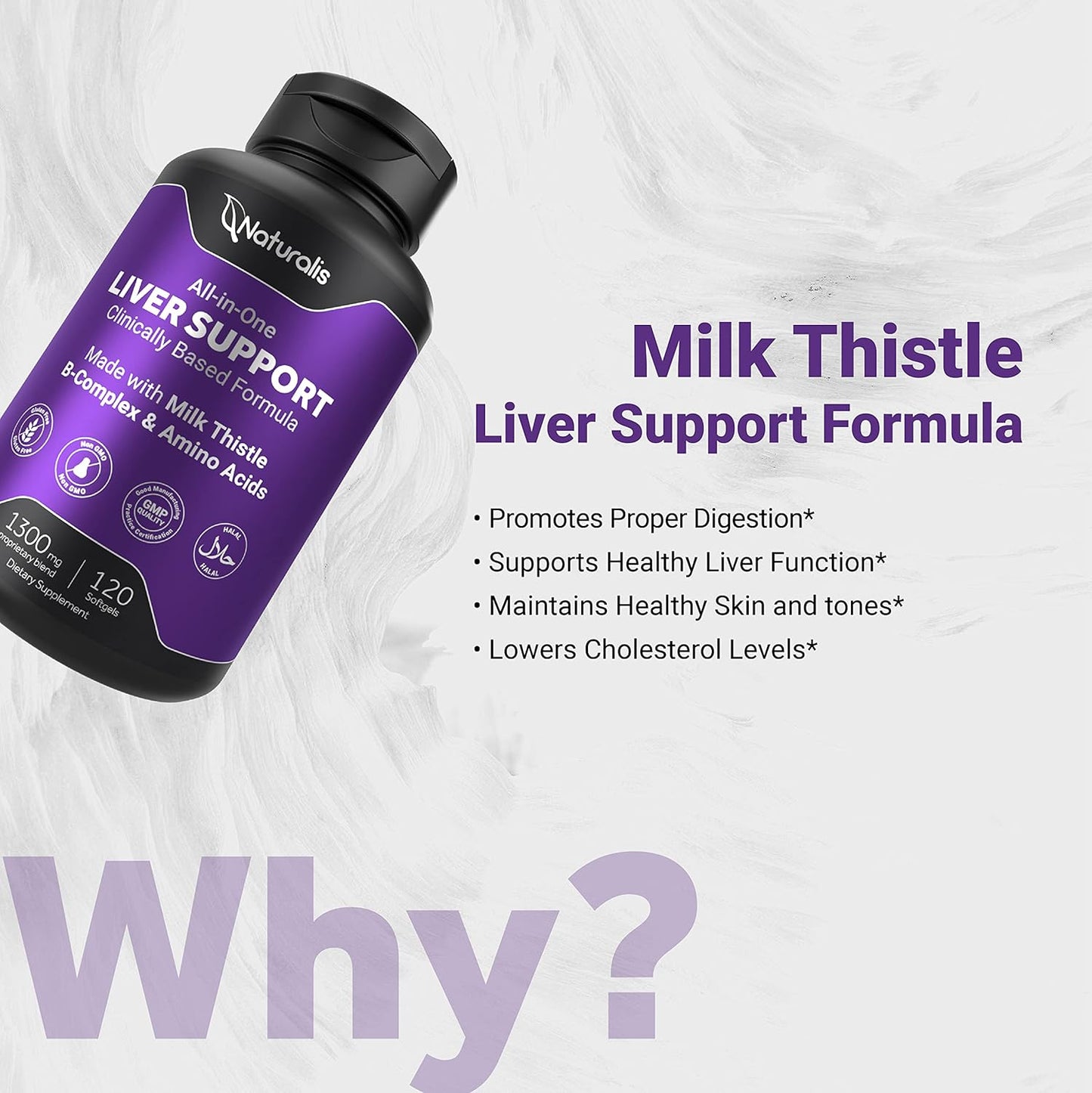 Premium Liver Support Supplement with Naturalis Silymarin Milk Thistle 1300mg, B Complex, Amino Acids - 13-in-1 Liver Cleanse, Detox, Repair - 120 Softgels