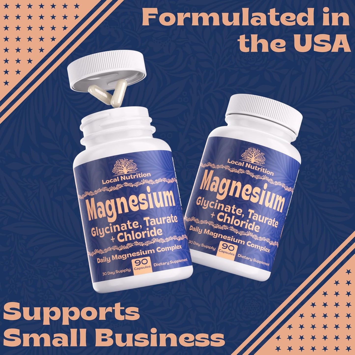 Premium Local Nutrition Triple Magnesium Complex 500mg Supplement - Chelated Magnesium Blend for High Absorption - 90 Capsules, Made in USA