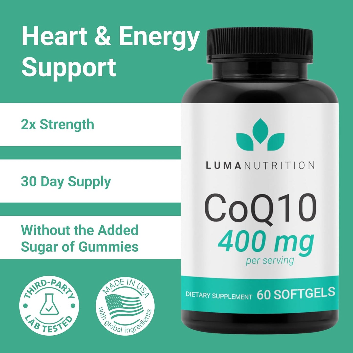 Premium Luma Nutrition CoQ10 400mg Softgels - High Potency Coenzyme Q10 - 60 Liquid Softgels, 2x200mg per Serving
