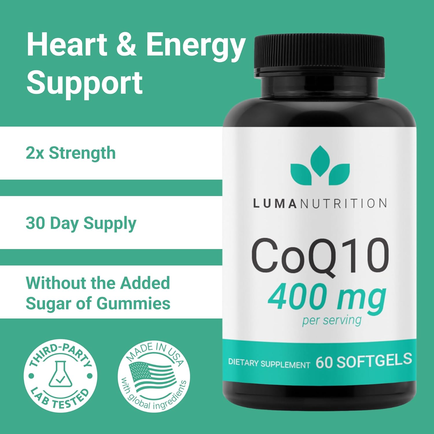 Premium Luma Nutrition CoQ10 400mg Softgels - High Potency Coenzyme Q10 - 60 Liquid Softgels, 2x200mg per Serving